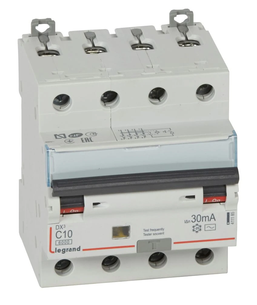 Disjoncteur différentiel monobloc DX³6000 arrivée haute et départ bas à vis 4P 400V~ - 10A - typeAC 30mA — Legrand