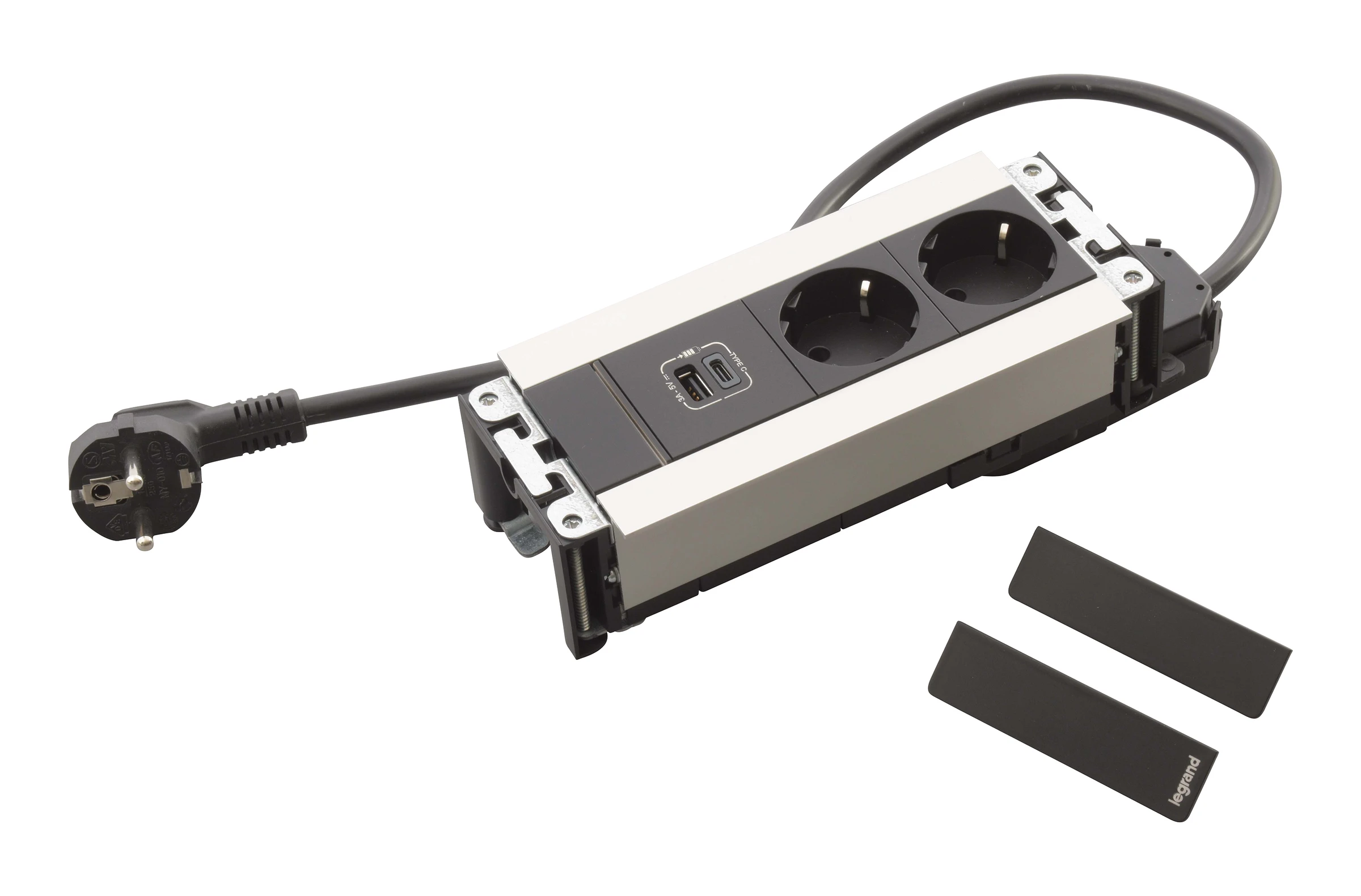 Incara Multilink horizontal 2 prises Schuko, 1 prise chargeur USB A+C 15W et 1 cordon de 2m avec fiche - métal — Legrand
