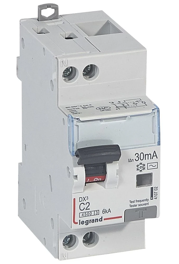 Disjoncteur différentiel DX³4500 arrivée haute et départ bas à vis U+N 230V~ - 2A typeAC 30mA - courbe C - 2 modules — Legrand