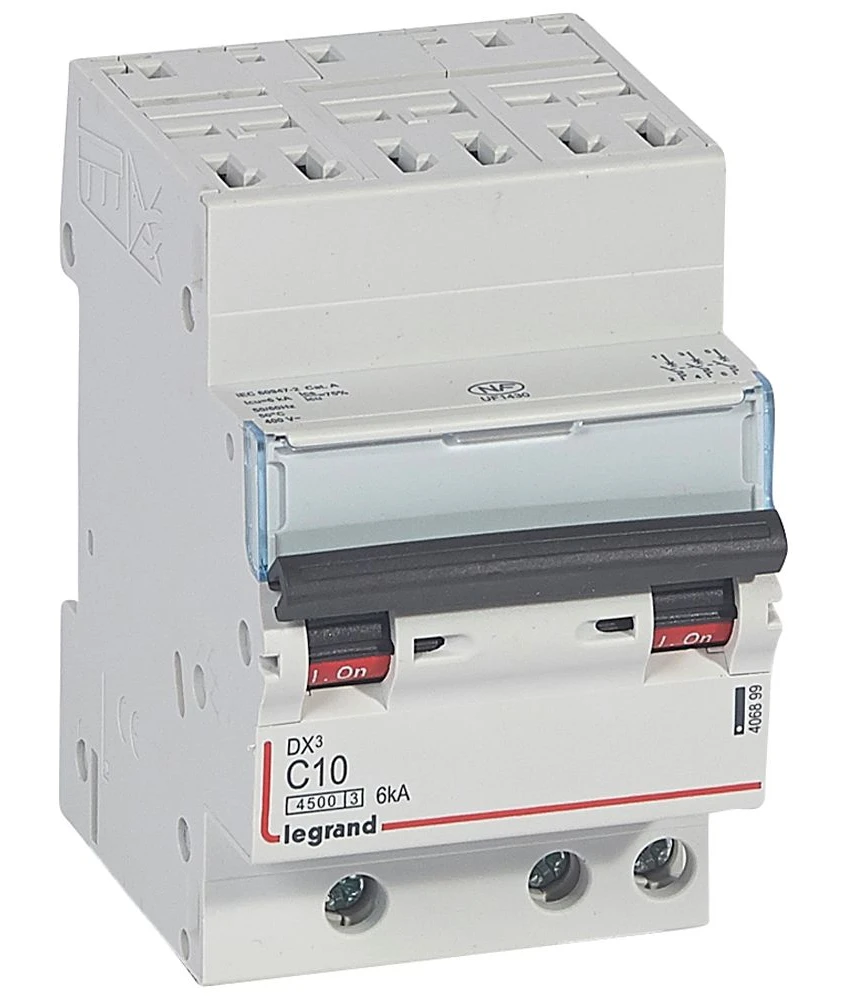 Disjoncteur DX³4500 6kA arrivée haute par bornes automatiques sortie basse par bornes à vis - tripolaire 400V~ 10A courbe C - 3 modules — Legrand