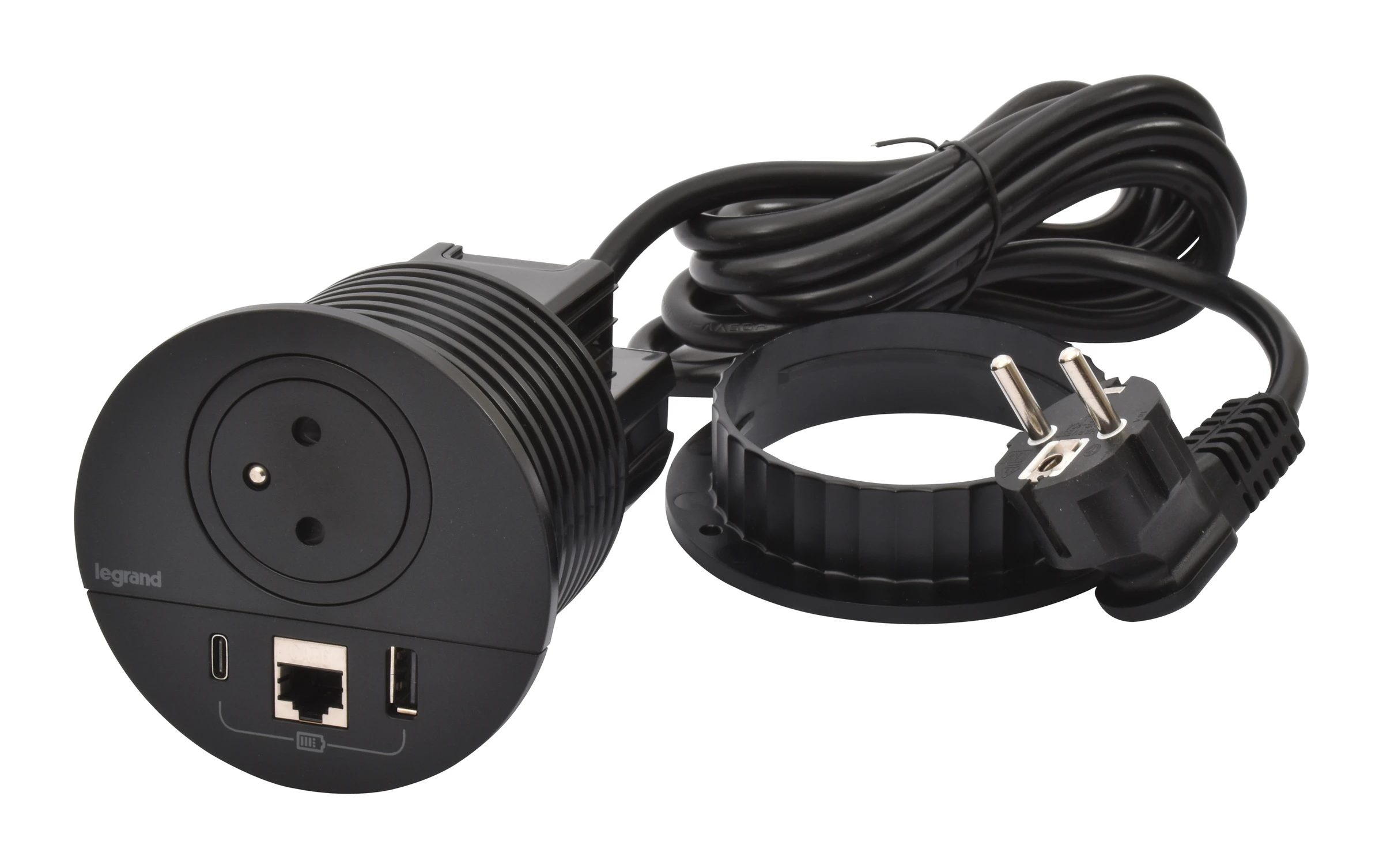 Incara Disq 80 prise 2P+T Surface , chargeur USB Type-A+C , RJ45 catégorie6 FTP cordon 2m avec fiche 2P+T - noir Ø80mm — Legrand