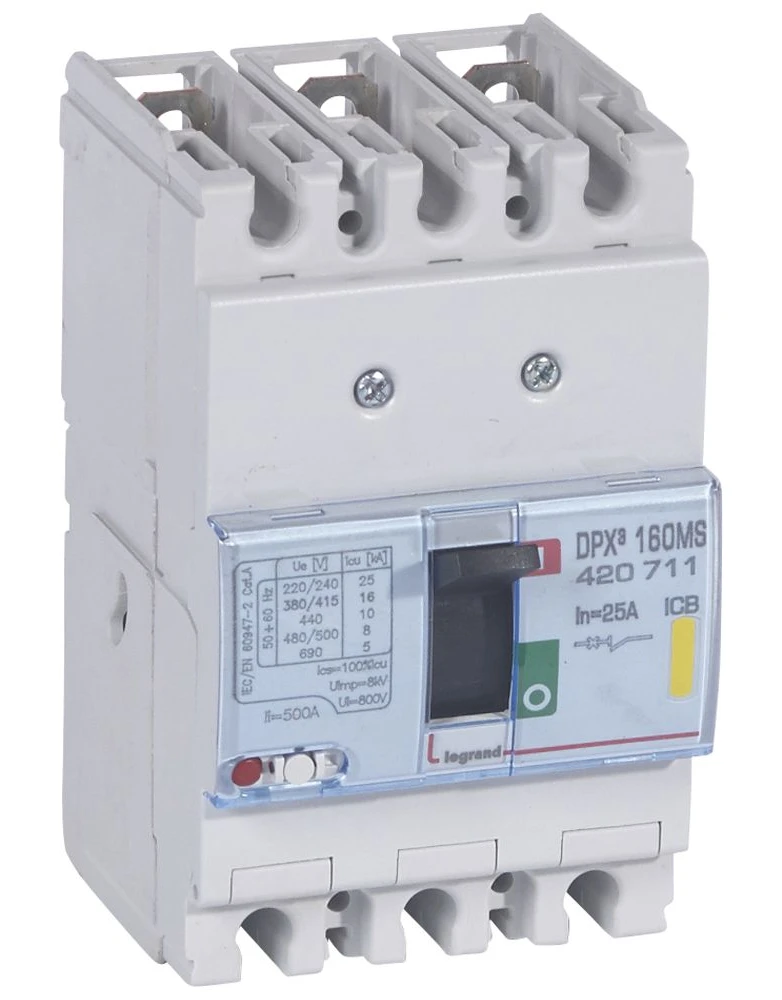 Disjoncteur magnétique fixe seul DPX³160 pouvoir de coupure 16kA 400V~ - 3P - 25A — Legrand — 420711