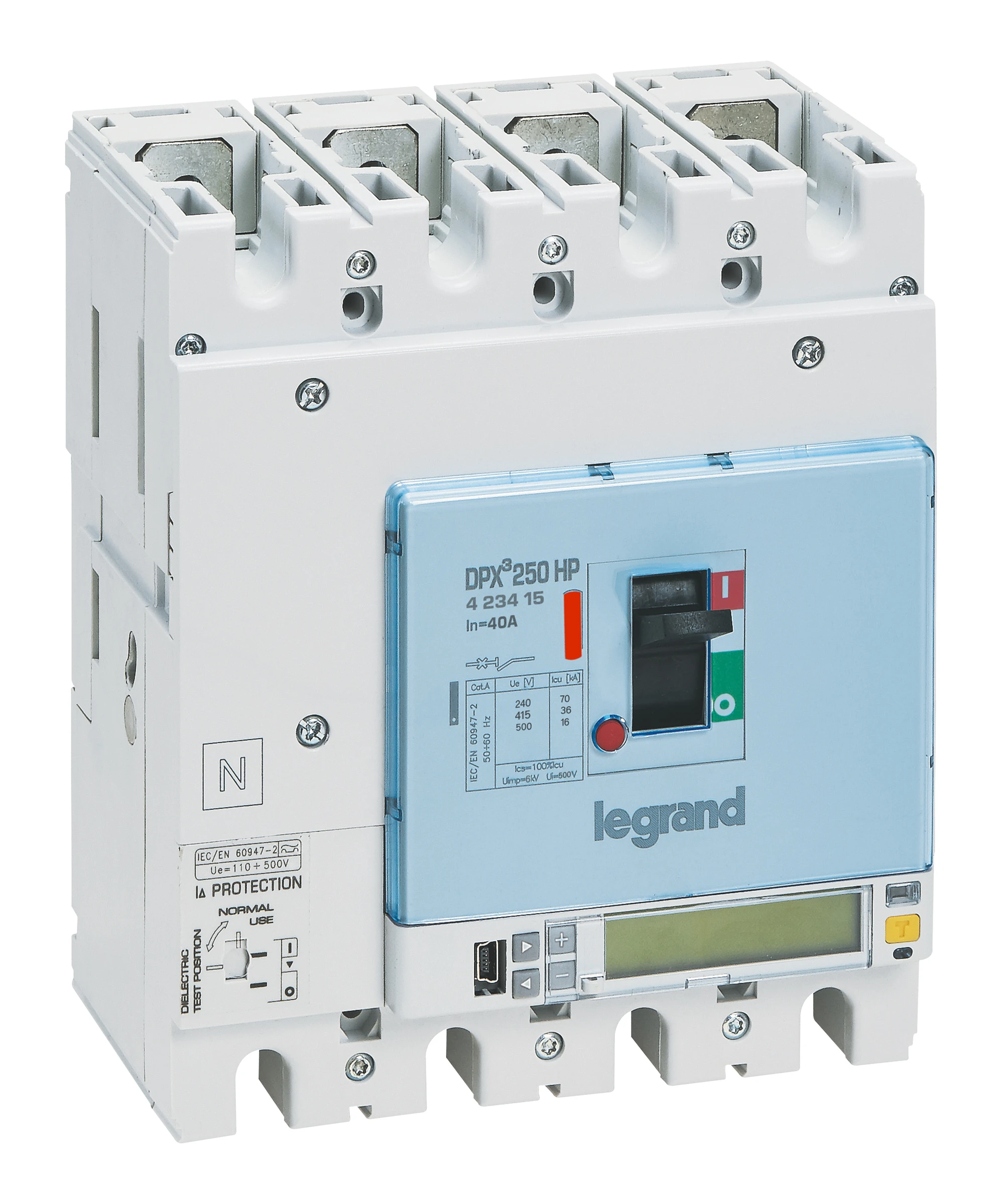 Legrand DPX³ 250 HP electronic S10 moulded-case circuit breaker — 40A, 4 poles, 36kA Icu at 400V, IP30 — 423415