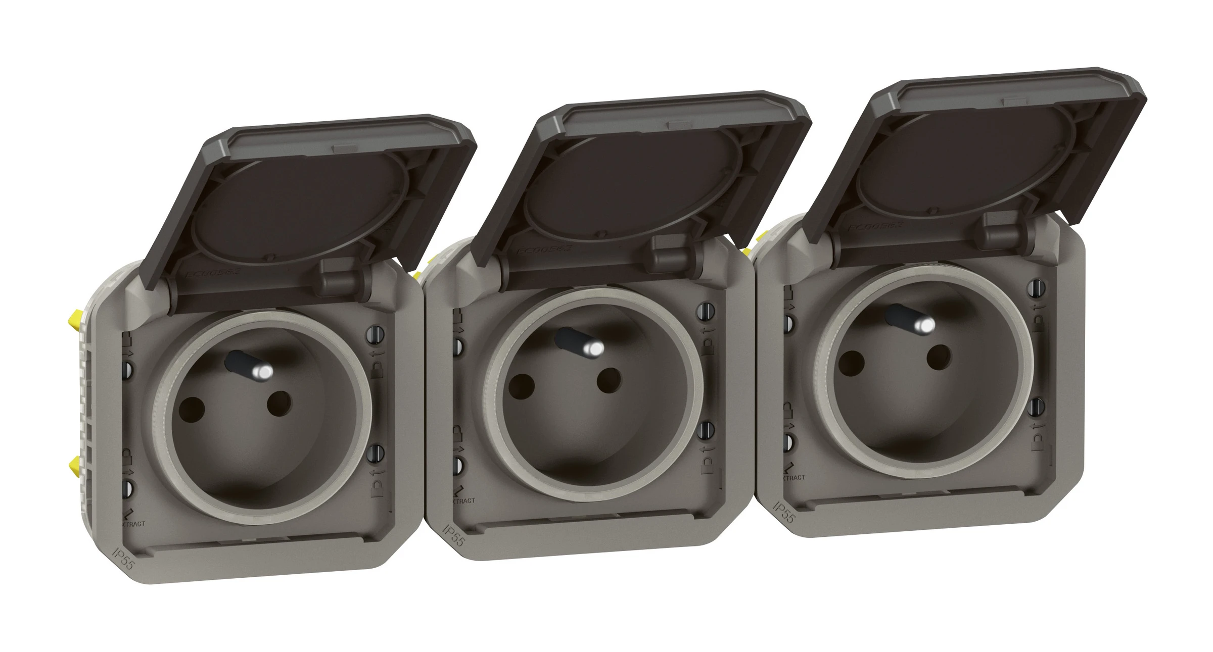 Triple prise de courant précâblée 3x2P+T horizontale étanche Plexo 16A 250V IP55 3 postes avec enjoliveurs anthracite — Legrand — 069844L