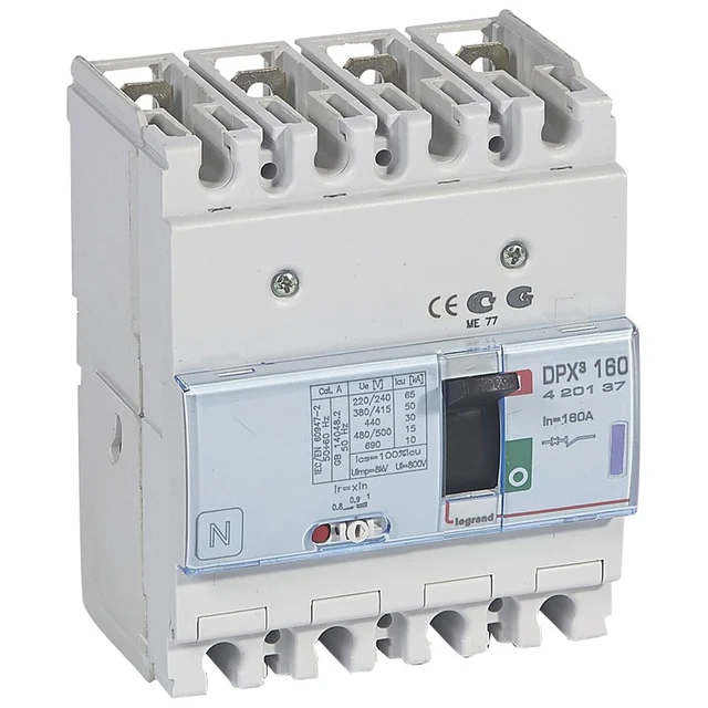 Legrand DPX³ 160 thermal-magnetic moulded-case circuit breaker — 160A, 4 poles, 50kA Icu at 400V, IP30 — 420137