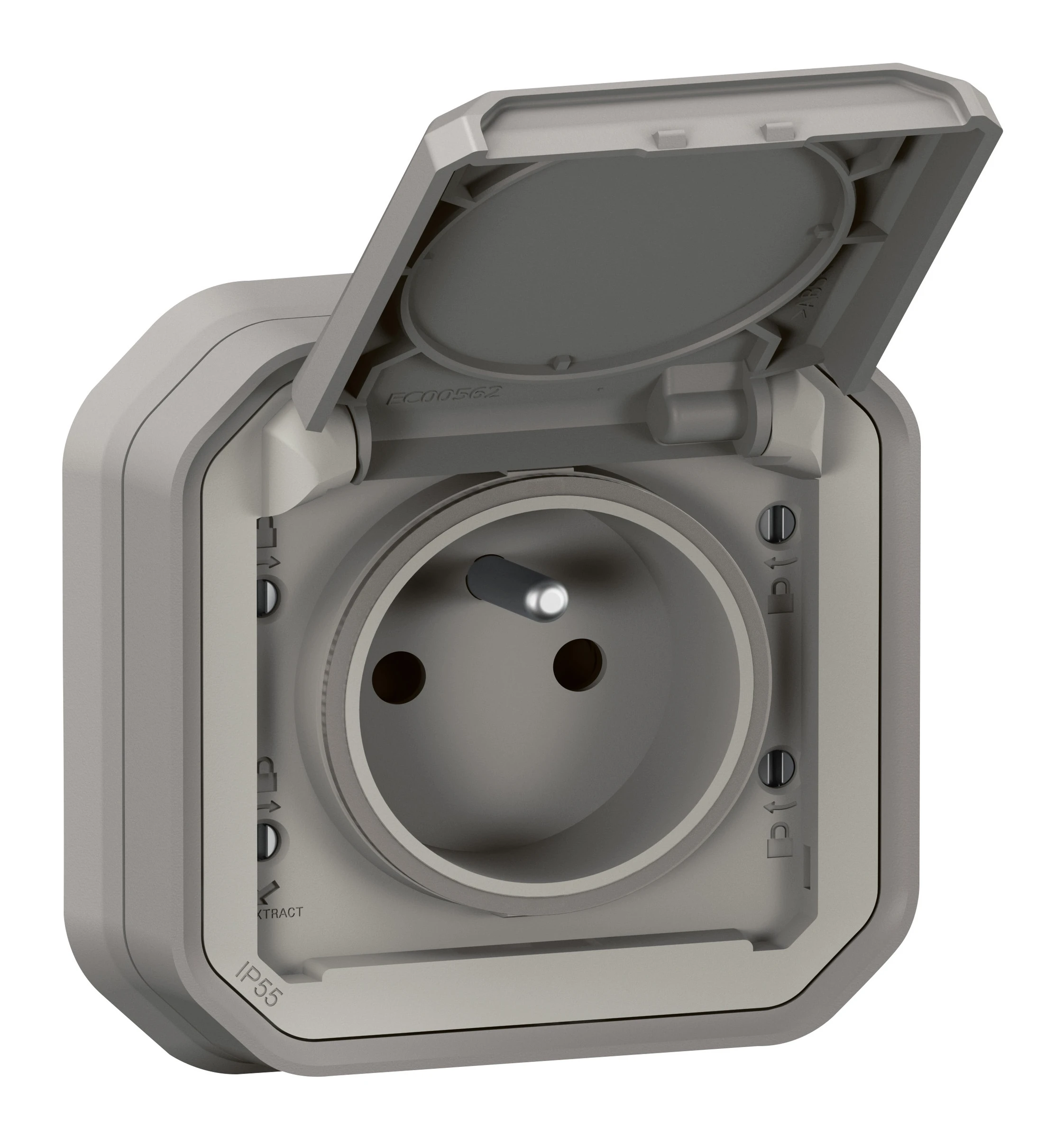 Prise de courant 2P+T étanche Plexo 16A 250V IP55 IK08 livrée complète pour fixation en encastré - gris — Legrand — 069831L
