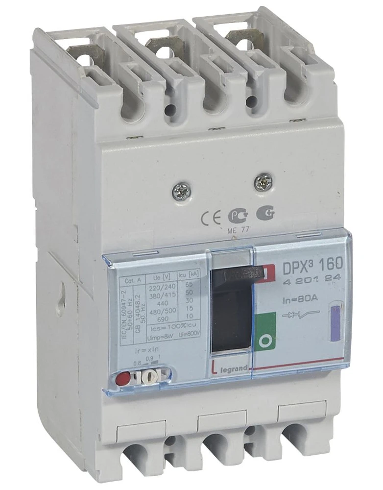 Disjoncteur magnétothermique DPX³160 pouvoir de coupure 50kA 400V~ - 3P - 80A — Legrand — 420124