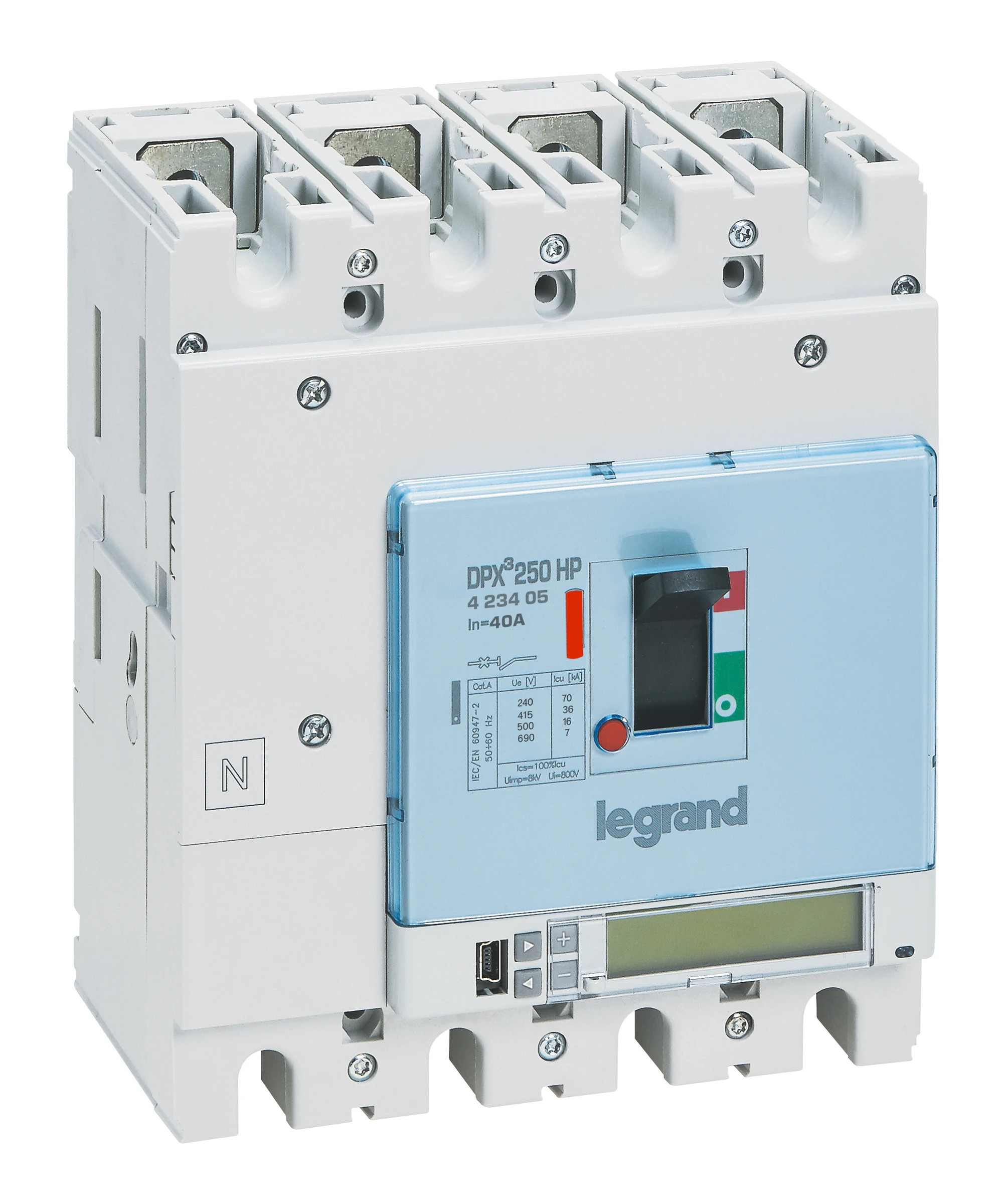 Legrand DPX³ 250 HP electronic S10 moulded-case circuit breaker — 40A, 4 poles, 36kA Icu at 400V, IP30 — 423405