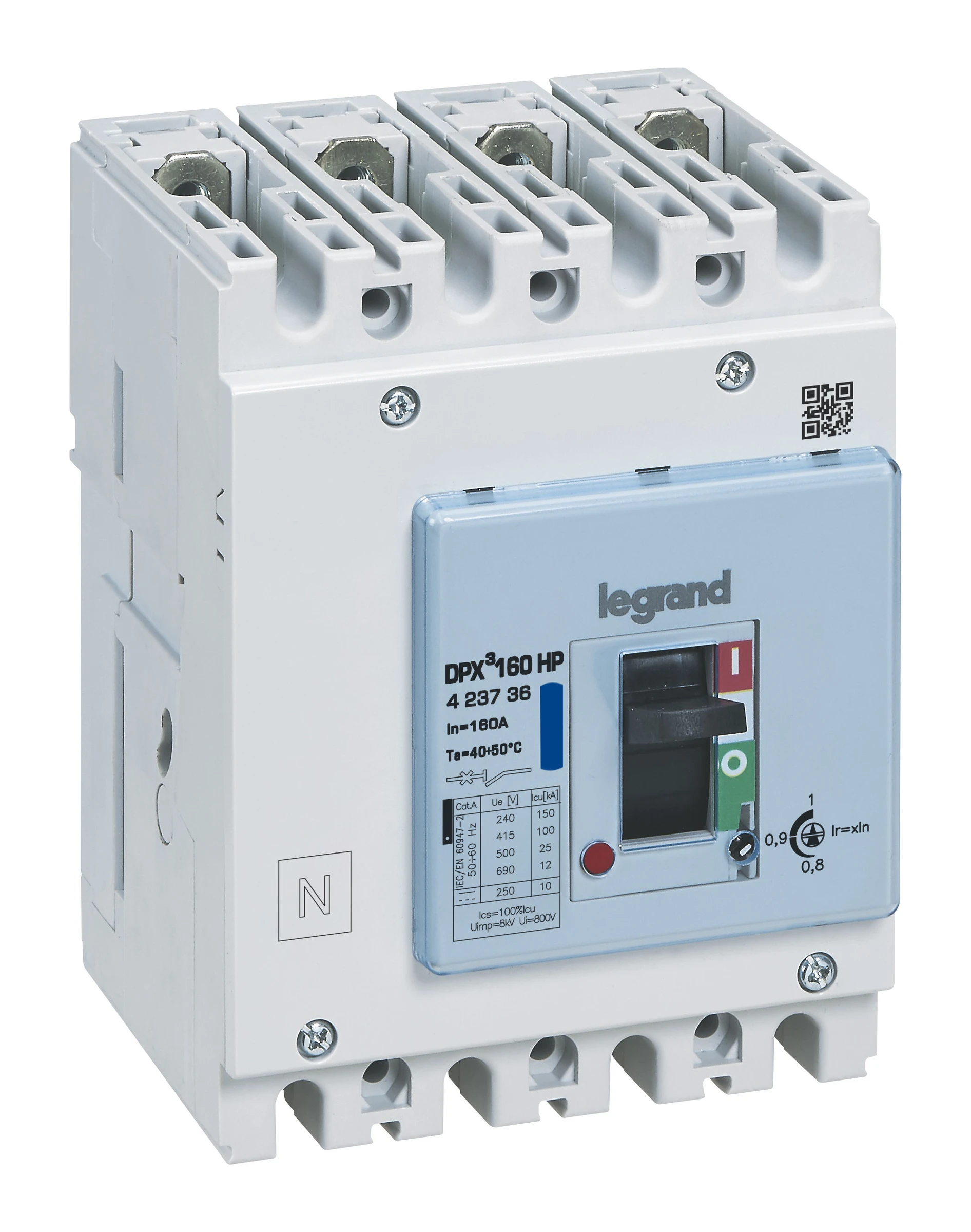 Disjoncteur magnéto-thermique 160A - DPX³ 160HP - Pouvoir de coupure 100kA - 4 pôles - Plage de réglage 125A à 160A — Legrand — 423736