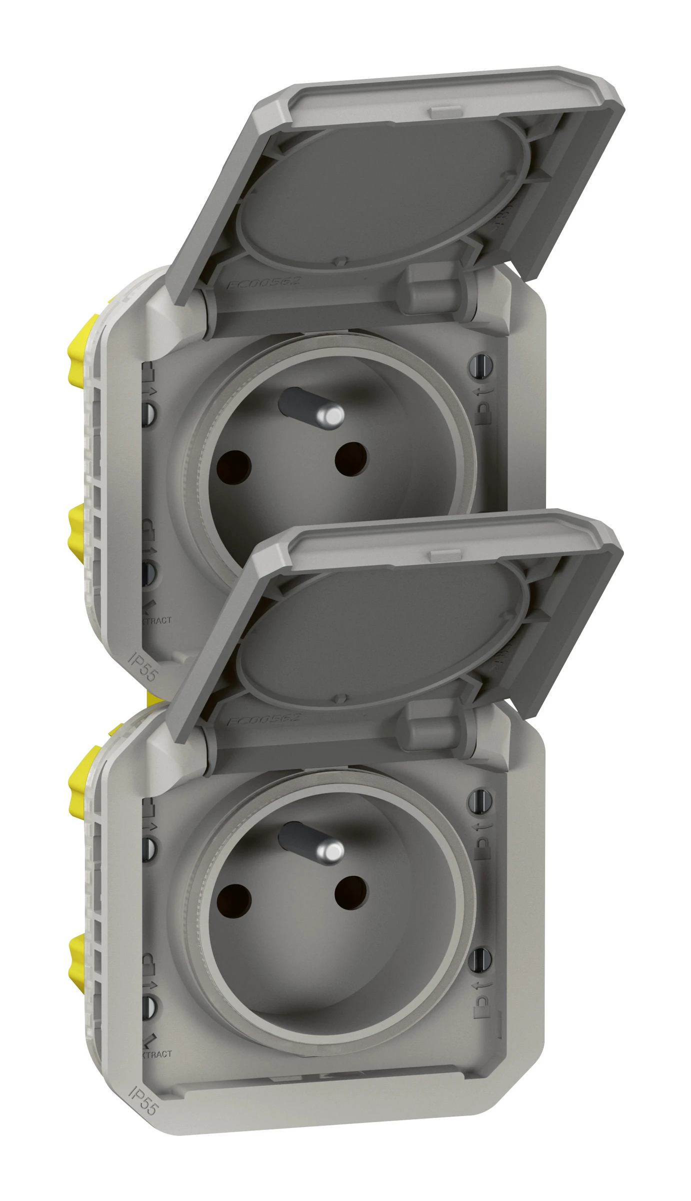 Double prise de courant précâblée 2x2P+T verticale étanche Plexo 16A 250V IP55 2 postes avec enjoliveurs finition gris — Legrand — 069563L