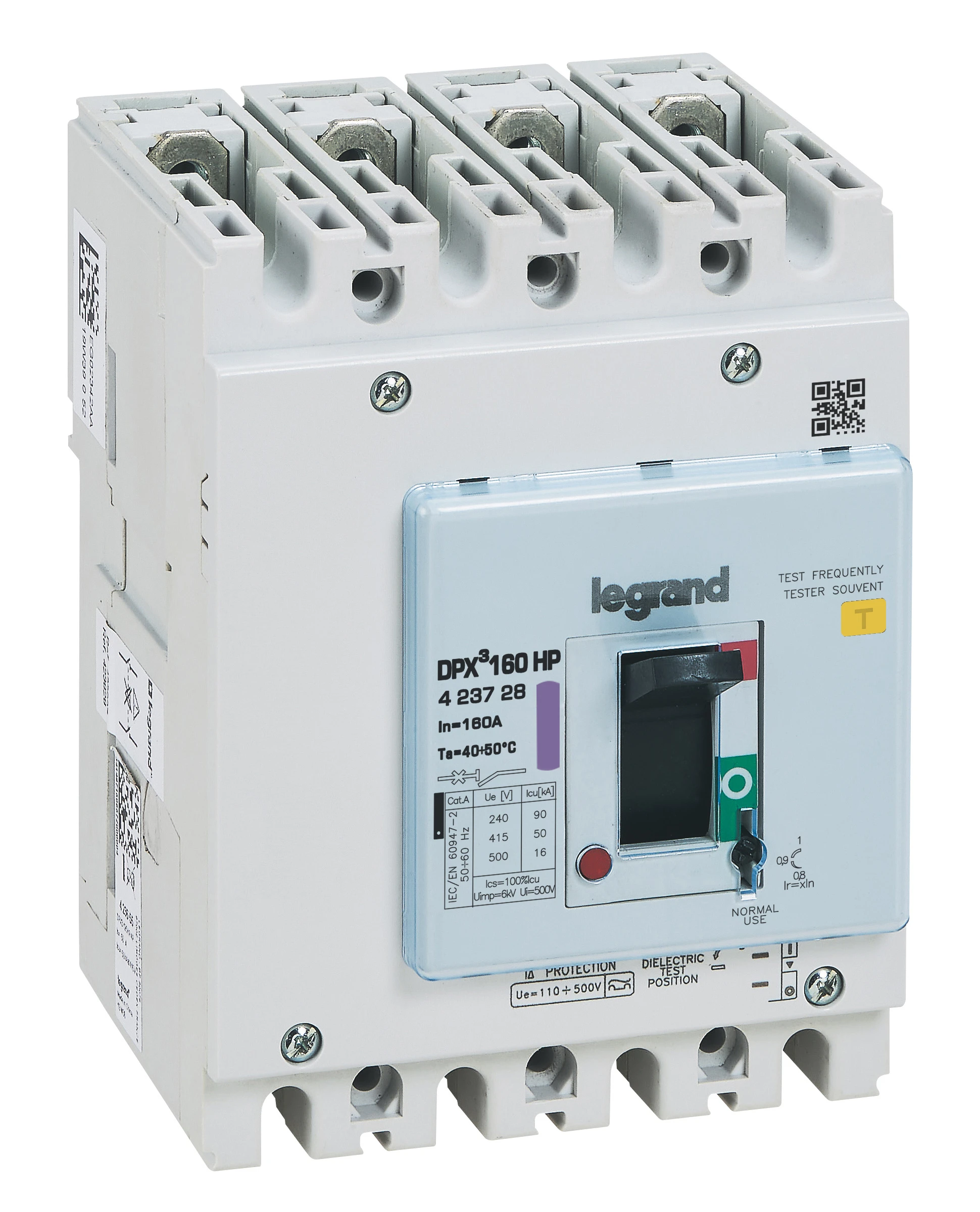Disjoncteur magnéto-thermique 160A - DPX³ 160HP - Pouvoir de coupure 50kA - 4 pôles - Plage de réglage 125A à 160A + différentiel — Legrand — 423728