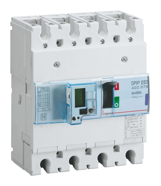 Legrand DPX³ 250 electronic moulded-case circuit breaker — 250A, 4 poles, 50kA Icu at 400V, IP30 — 420379