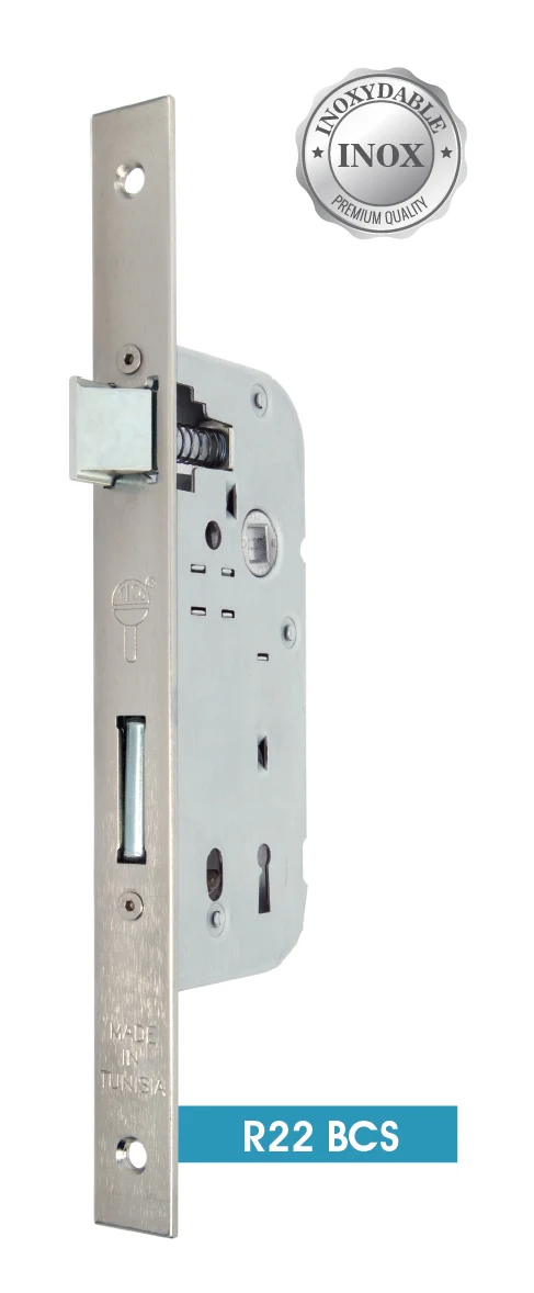 R22 BCS mortise key lock — satin, square ends