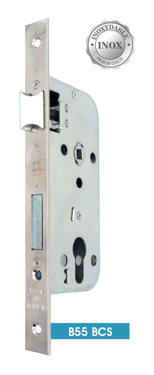 B55 BCS cylinder mortise lock — satin, square ends