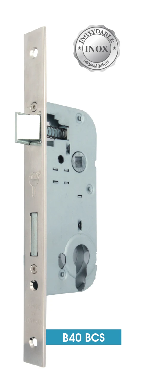 B40 BCS cylinder mortise lock — satin, square ends