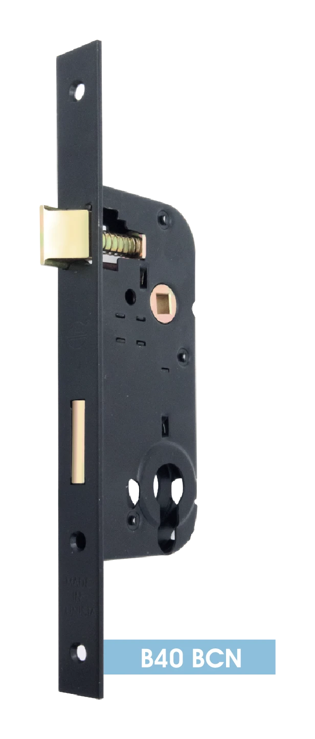 B40 BCN cylinder mortise lock — black, square ends