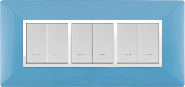 STIEL ALPHA Élégance 6-module rectangular pastel blue cover plate with chrome trim