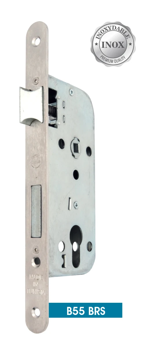 B55 BRS cylinder mortise lock — satin, rounded ends