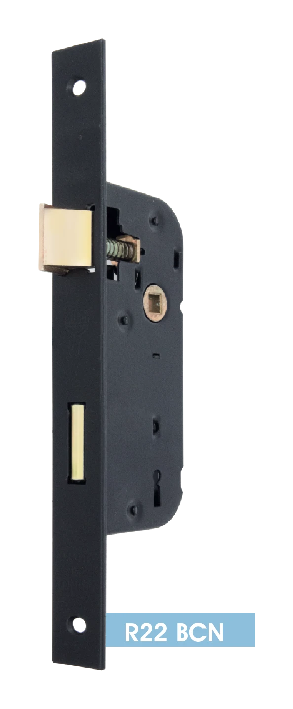 R22 BCN mortise key lock — black, square ends