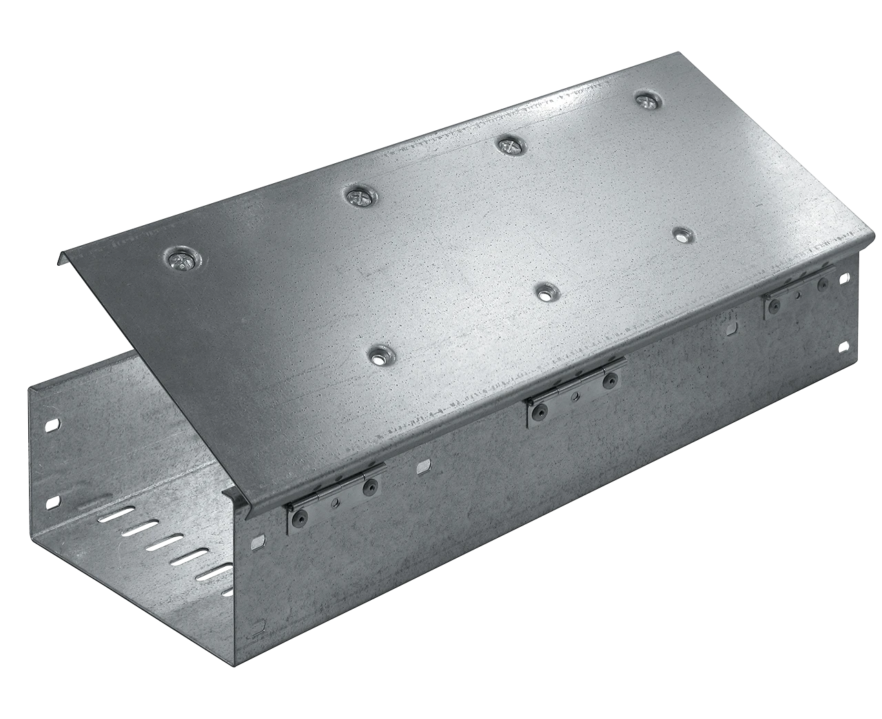 Walkable slotted cable channel with hinged cover