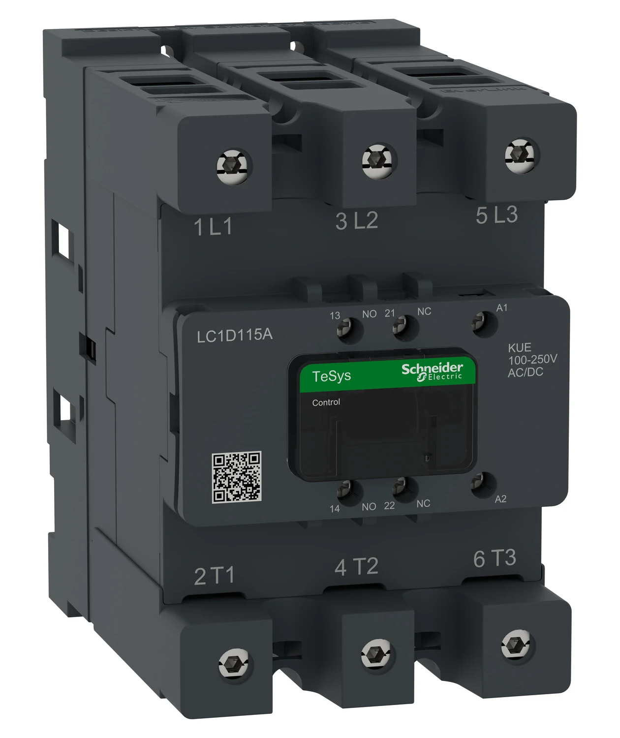 TeSys Deca Advanced LC1D115AKUE contactor — 3P, 55 kW / 400 V, 100 to 250 V AC/DC control