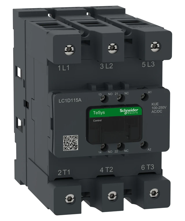TeSys Deca Advanced LC1D115AKUE contactor — 3P, 55 kW / 400 V, 100 to 250 V AC/DC control