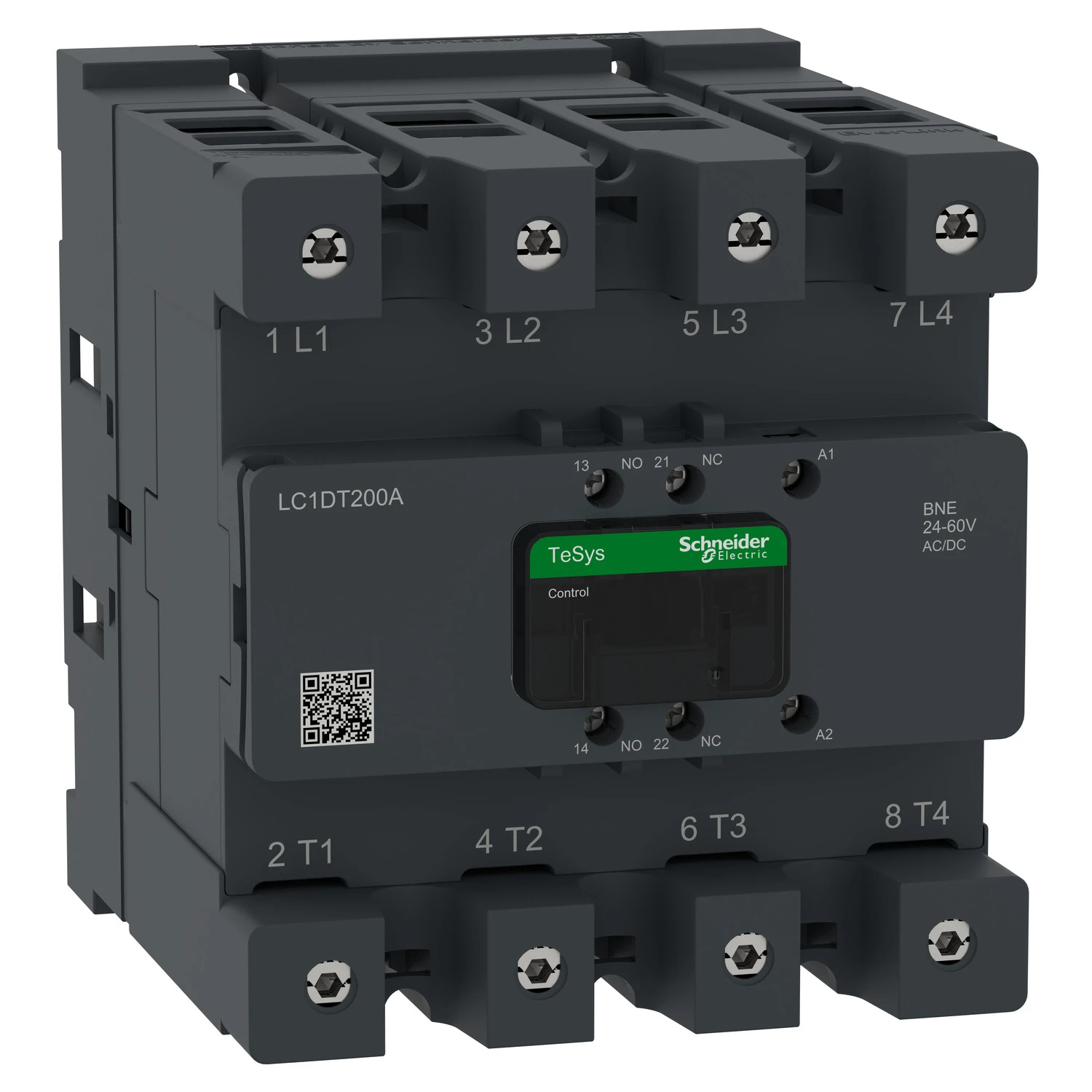 TeSys Deca Advanced LC1DT200ABNE contactor — 4P, 200 A AC-1, 24 to 60 V AC/DC control