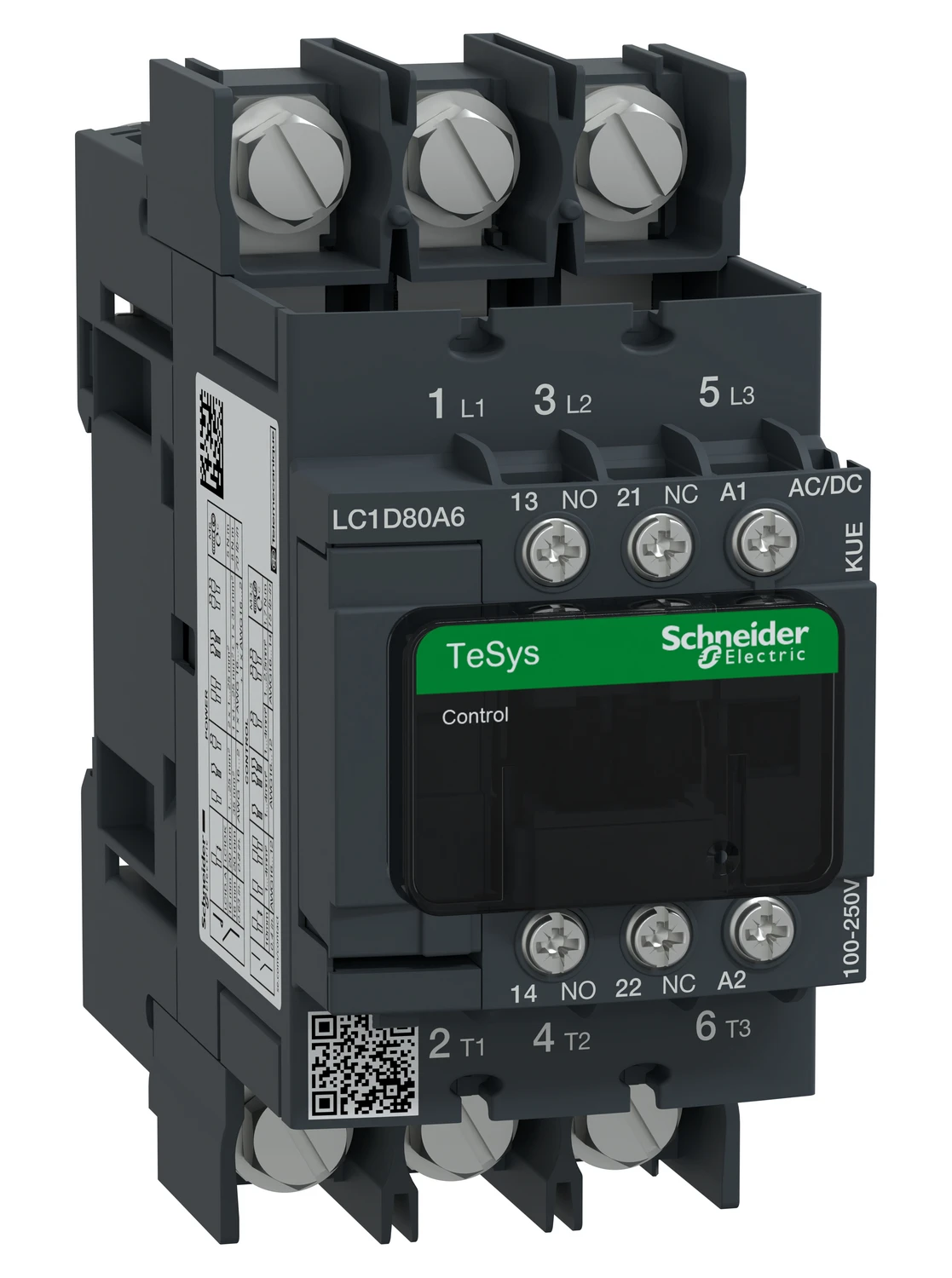 TeSys Deca Advanced LC1D80A6KUE contactor — 3P, 37 kW / 400 V, 100 to 250 V AC/DC control