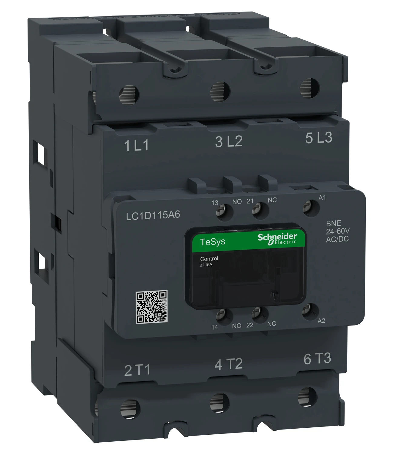 TeSys Deca Advanced LC1D115A6BNE contactor — 3P, 55 kW / 400 V, 24 to 60 V AC/DC control