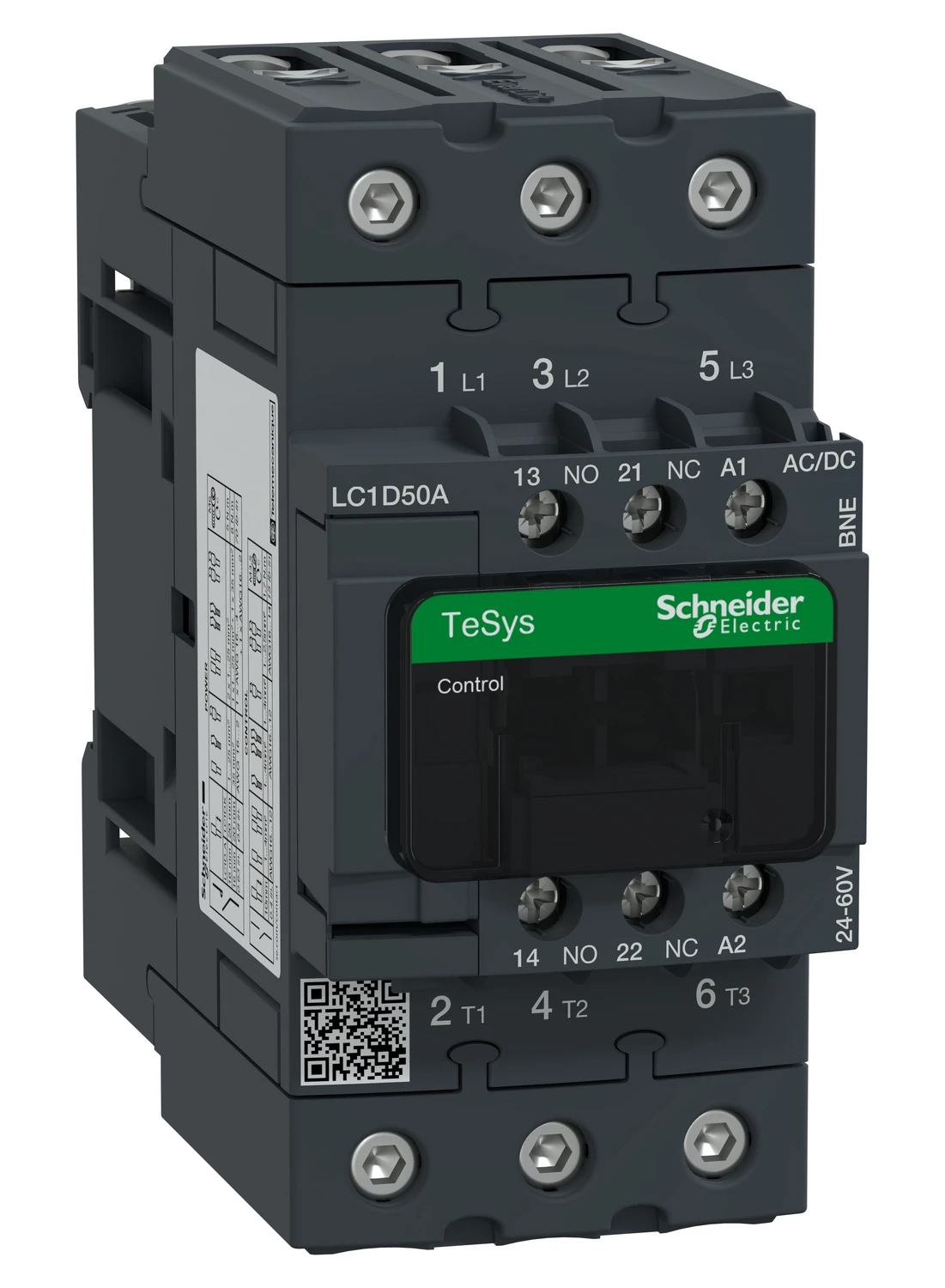 TeSys Deca Advanced LC1D50ABNE contactor — 3P, 22 kW / 400 V, 24 to 60 V AC/DC control
