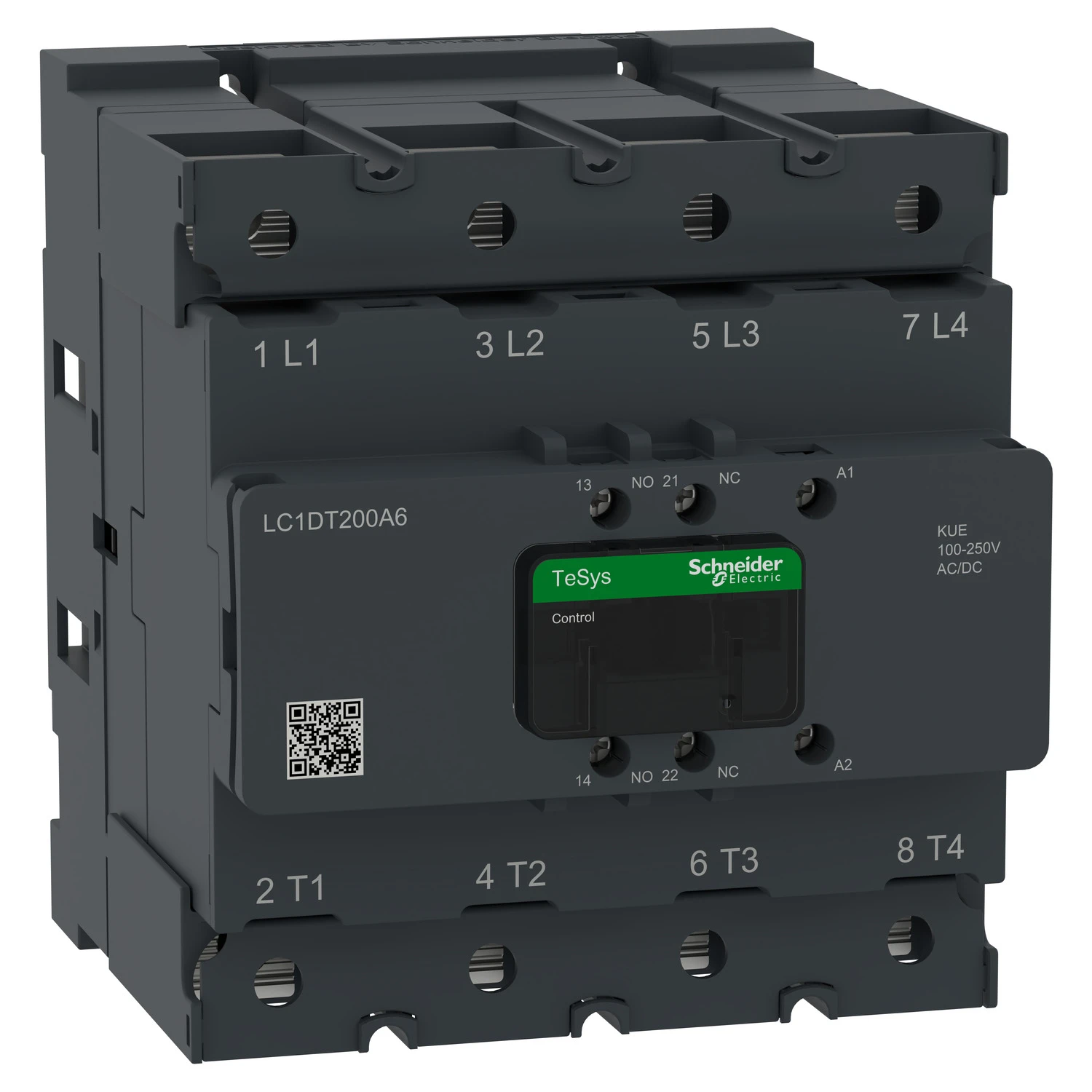 TeSys Deca Advanced LC1DT200A6KUE contactor — 4P, 200 A AC-1, 100 to 250 V AC/DC control