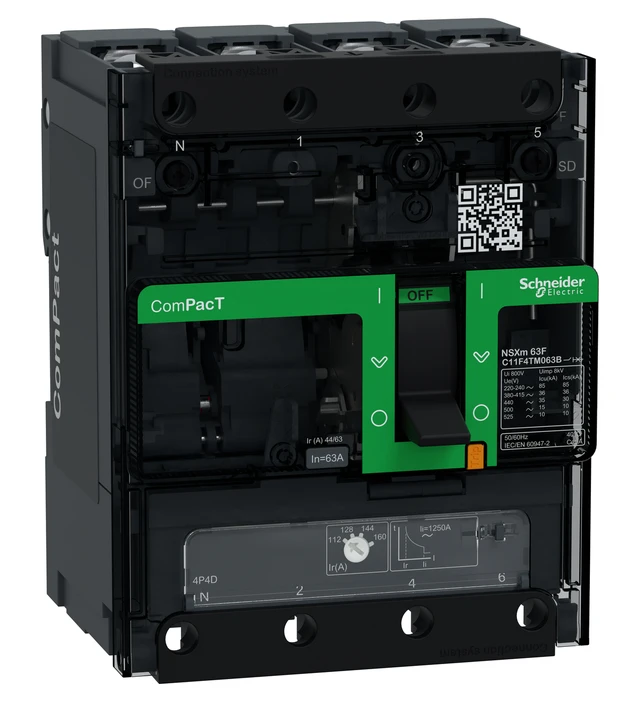 Visuel officiel de la gamme ComPacT NSXm, configuration 4P, déclencheur TM-D. Calibre et marquage selon la référence.