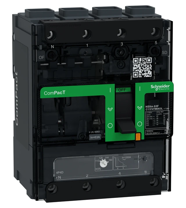 Visuel officiel de la gamme ComPacT NSXm, configuration 4P, déclencheur TM-D. Calibre et marquage selon la référence.