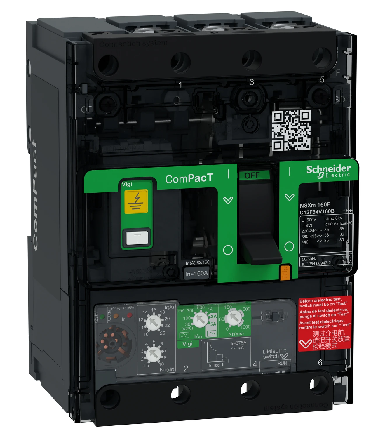 Disjoncteur ComPacT NSXm C12N34V160B — 3P, 160 A, MicroLogic Vigi 4.1
