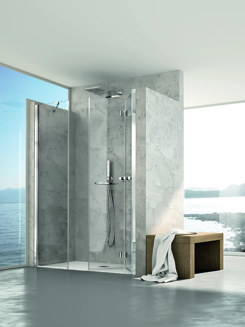 Shower enclosure VOLTA recess one fixed panel + one folding door — SOPAL